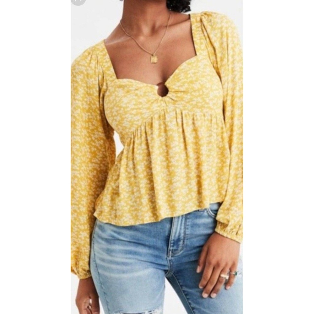 American Eagle yellow floral babydoll blouse womens S Y2K style ring front top
